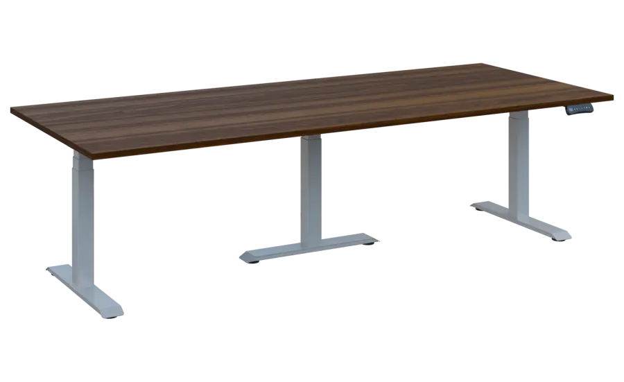 FLEXIMEET 250-100 výškově nastavitelný stůl, kovová podnož stříbrná, deska 25 mm, široký 2500 mm, ořech královský